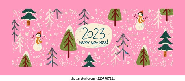 Merry christmas and happy new year background template and banner. Winter holiday vector illustration in vintage style. Christmas tree and toys. 2023 new year hand drawn card