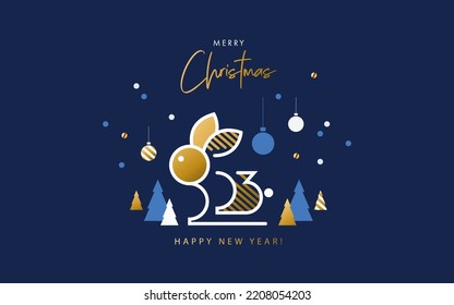 Merry Christmas and Happy New Year banner, greeting card, poster, holiday cover. Modern Xmas design in geometric style with Christmas tree, ball, snow and 2023 number in the form of rabbit