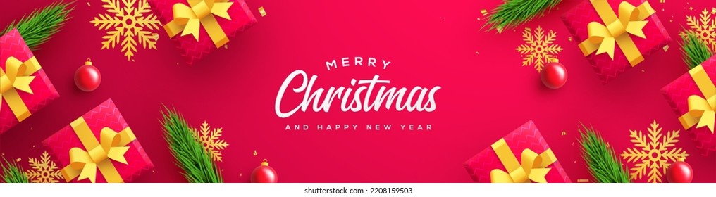 Merry christmas and happy new year poster or banner with gift box and tree illustration