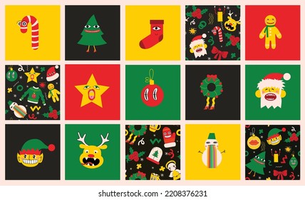 Merry Christmas and Happy New Year 2023. Vector trendy abstract illustrations of holiday card with santa claus, deer, crazy geometric shapes, christmas tree and wreath for poster.