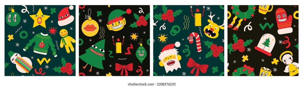 Merry Christmas and Happy New Year 2023. Vector trendy abstract illustrations of holiday card with santa claus, deer, crazy geometric shapes, christmas tree and wreath for poster.