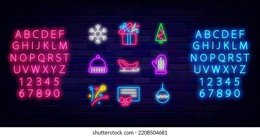 Feliz Navidad y Feliz Año Nuevo colección de iconos de neón. Caja de regalo y fuegos artificiales. Santa trineo, copo de nieve y mitones. Decoración de invierno de temporada. Etiquetas claras. Ilustración de material vectorial