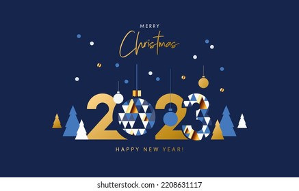 Merry Christmas and Happy New Year banner, greeting card, poster, holiday cover. Modern Xmas design in geometric style with triangle pattern, Christmas tree, ball, snow and 2023 number on night blue  - Shutterstock ID 2208631117