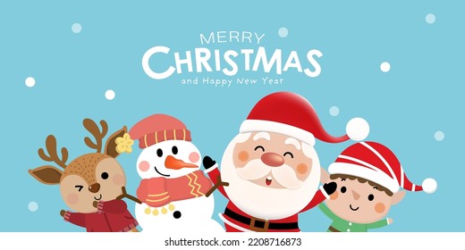 Merry Christmas and happy new year 2023 greeting card with cute Santa Claus, little elf, snowman and deer. Holiday cartoon character in winter season. -Vector 