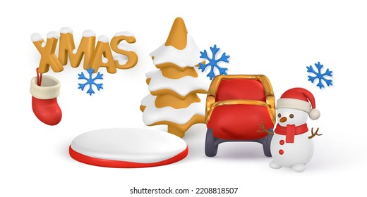 Merry Christmas and Happy New Year background. Realistic 3d Christmas sleigh, snowman, tree, stage with snow and snowflake. Vector illustration.