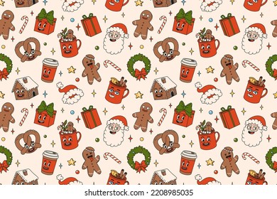 Merry Christmas and Happy New year seamless pattern. Santa Claus, gifts, cocoa, coffee, gingerbread in trendy retro cartoon style. Textile, wrapping paper, wallpaper with funny comic characters.