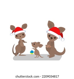 Merry Christmas and happy new year.  cute kangaroo and little joey in winter hat. Animal holiday cartoon character.