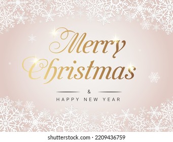 Merry Christmas and Happy New Year concept. Xmas design template with white snowflakes on blush pink background. Luxury holiday vector illustration for banner, invitation, greeting card, border frame