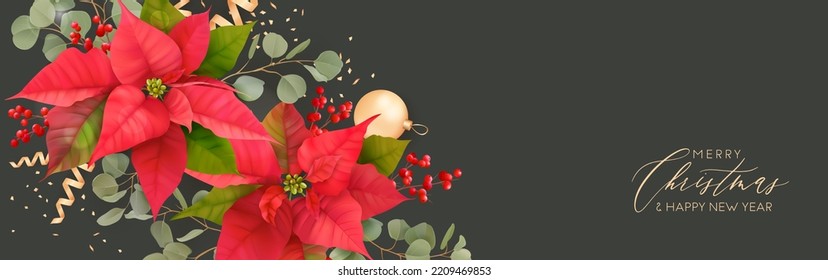Merry Christmas and Happy New Year vector banner. Xmas realistic Poinsettia flower header for website. Floral bouquet 3d design. Holiday brochure, poster, greeting card, flyer
