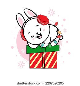 Merry Christmas and Happy New Year card with cute Little bunny in a white background. Vector illustration of kawaii style. Chinese symbol 2023