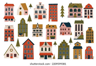 Merry Christmas and Happy New Year Set of various tiny houses. Modern hand draw illustrations. Colorful contemporary art