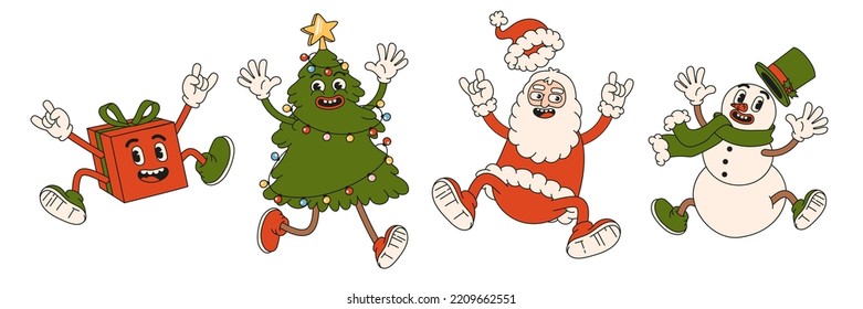 Merry Christmas   Happy New year  Santa Claus  Christmas tree  snowman  gift in trendy retro cartoon style  Sticker pack comic characters 