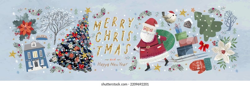 Merry Christmas and Happy New Year. Vector illustrations of Christmas tree, Santa Claus, tree, house and other objects