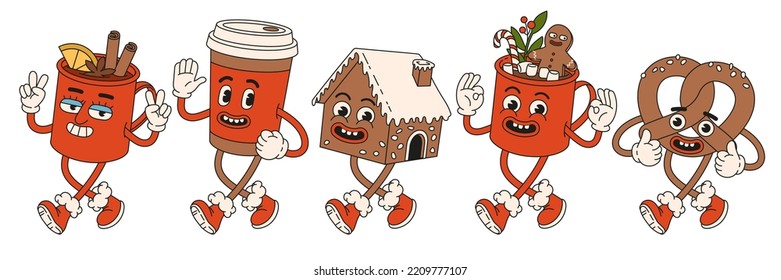 Merry Christmas and Happy New year. Coffee, cocoa, mulled wine, candy, glintwine, pretzel, cookie, gingerbread in trendy retro cartoon style. Christmas market street foods and drinks. Comic character.