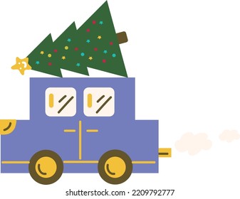 Merry Christmas and Happy New Year. Red retro convertible carrying Christmas tree. Vintage banners, modern posters, holiday flyers, brochures. winter vector illustration