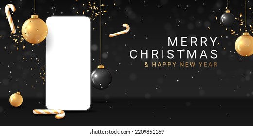 Merry Christmas and Happy New Year banner. Christmas banner with realistic 3d black and golden balls, candy canes, confetti and smartphone. Xmas greeting background. Holiday vector illustration.