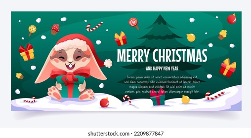 Merry Christmas and Happy New Year horizontal banner with cute xmas rabbit, gift box, snow and candies. Vector template with space for text and cartoon bunny character in Santa hat