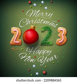 Merry Christmas and Happy New Year 2023 greeting card, vector illustration