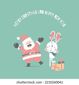 merry christmas and happy new year with cute santa claus and white bunny rabbit in the winter season green background, flat vector illustration cartoon character costume design