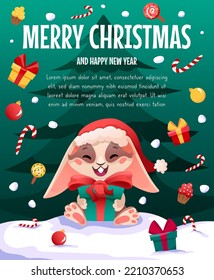 Merry Christmas and Happy New Year greeting card with cute xmas rabbit in Santa hat, gift box, snow and lollipop. Vector illustration with space for text and cartoon bunny character