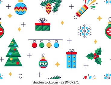 Merry Christmas and Happy New Year seamless pattern. Holiday winter seasonal objects.