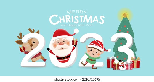 Merry Christmas and happy new year 2023 greeting card with cute Santa Claus, little elf, snowman, xmas tree  and deer. Holiday cartoon character in winter season. -Vector