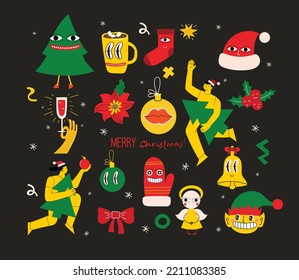 Merry Christmas and Happy New Year 2023. Vector trendy abstract illustrations of holiday card with santa claus, deer, crazy geometric shapes, christmas tree and wreath for poster.