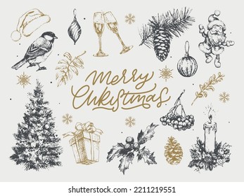 Feliz Navidad. Feliz Año Nuevo, 2023. Conjunto de tipografía. Logo vector, emblemas, diseño de texto. Usable para banners, tarjetas de felicitación, regalos, etc.