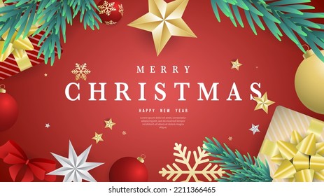 Merry Christmas  and Happy New Year on red background with gift  pin leaf  and element in Christmas holiday , Flat Modern design , illustration Vector EPS 10