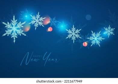 MErry Christmas and Happy New Year design with snowflakes and lights. Shining winter background