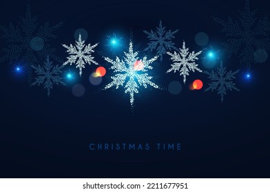 MErry Christmas and Happy New Year design with snowflakes and lights. Shining winter background