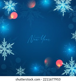 MErry Christmas and Happy New Year design with snowflakes and lights. Shining winter background