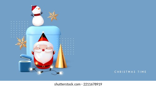 Merry Christmas and Happy New Year soft blue 3D design with cute Santa, snowman, gift boxes, light garland, minimal fir tree and snowflakes