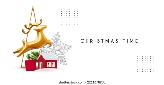 Merry Christmas and Happy New Year soft blue 3D design with Christmas town, deer jump and fir tree.