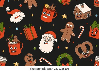 Merry Christmas and Happy New year seamless pattern. Santa Claus, gifts, cocoa, coffee, gingerbread in trendy retro cartoon style. Textile, wrapping paper, wallpaper with funny comic characters.