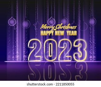 Merry Christmas and Happy New Year 2023 background, tree violet lights dust decoration, violet blurred magic glow on dark background