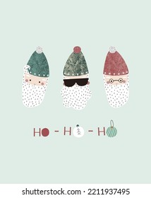 Merry Christmas and Happy New Year! Funny greeting card with Santa Clauses. Vector hand drawn illustration.