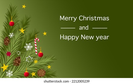 Merry Christmas happy new year banner vector illustration, calibration winter holiday green background with festive decorative elements, star, snowflake, pine branches and cone with blank space copy