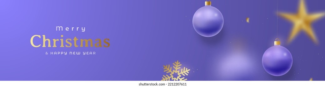 Merry Christmas and Happy New Year horizontal festive header. Realistic hanging very peri and golden Christmas balls, star and decorative snowflakes.