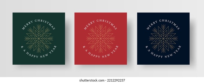 Merry Christmas and Happy New Year set of greeting card design templates. Square Christmas cards with geometric snowflake illustration. 