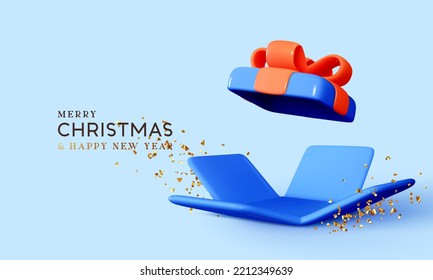 Merry Christmas and Happy New Year. Background with realistic 3d festive open gifts box with confetti. Xmas sale present. Holiday decorative blue boxes, Holiday gift surprise. Vector illustration