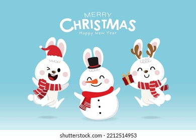 Merry Christmas and happy new year 2023 greeting card with rabbit wear Santa Claus, snowman and deer costume. Holiday cartoon character. -Vector