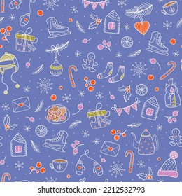 Merry Christmas and Happy New Year print. Christmas theme hand drawn seamless pattern with xmas symbols. Winter holidays doodle style colorful background.  