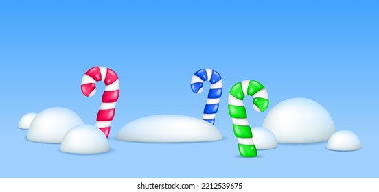 Merry Christmas and Happy New Year background. Striped candy canes in the snowdrifts. Festive design with realistic 3D objects