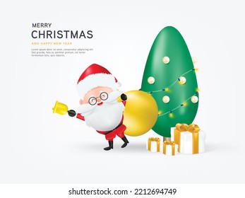 Merry christmas and Happy New Year. Santa Claus character isolated 3d vector with a red gift box, christmas tree and decoration. Winter holiday composition. Greeting card, banner, web poster