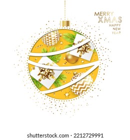 Merry Christmas and Happy New Year card in paper cut style with Christmas ball, gift boxes, fir tree, balls and confetti on yellow background. Vector illustration.