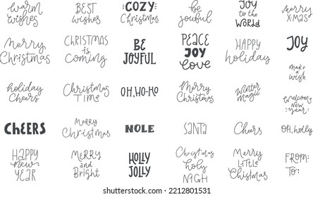 Merry Christmas, Happy New Year handwritten lettering inscription quote, calligraphy vector illustration. Typography set. Text sign design for quote poster, greeting card, print, cool badge