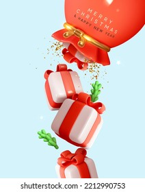 Merry Christmas and Happy New Year festive background. Xmas holiday, bright greeting card, web poster, banner, flyer cover, brochure. Realistic 3d design red bag fall gift box. Vector illustration