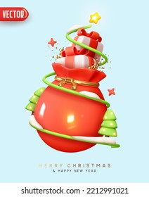 Merry Christmas and Happy New Year festive background. Xmas holiday, bright greeting card, web poster, banner, flyer cover, brochure. Realistic 3d design red bag with gifts box. Vector illustration