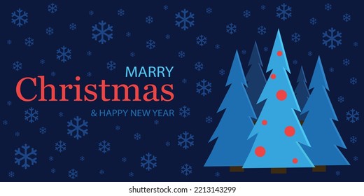 Merry Christmas and happy new year banner, greeting card, poster. Christmas trees and snowflakes on a blue background.  Vector Illustration